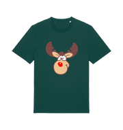 green christmas t-shirt with the graphic of a red nosed reindeer