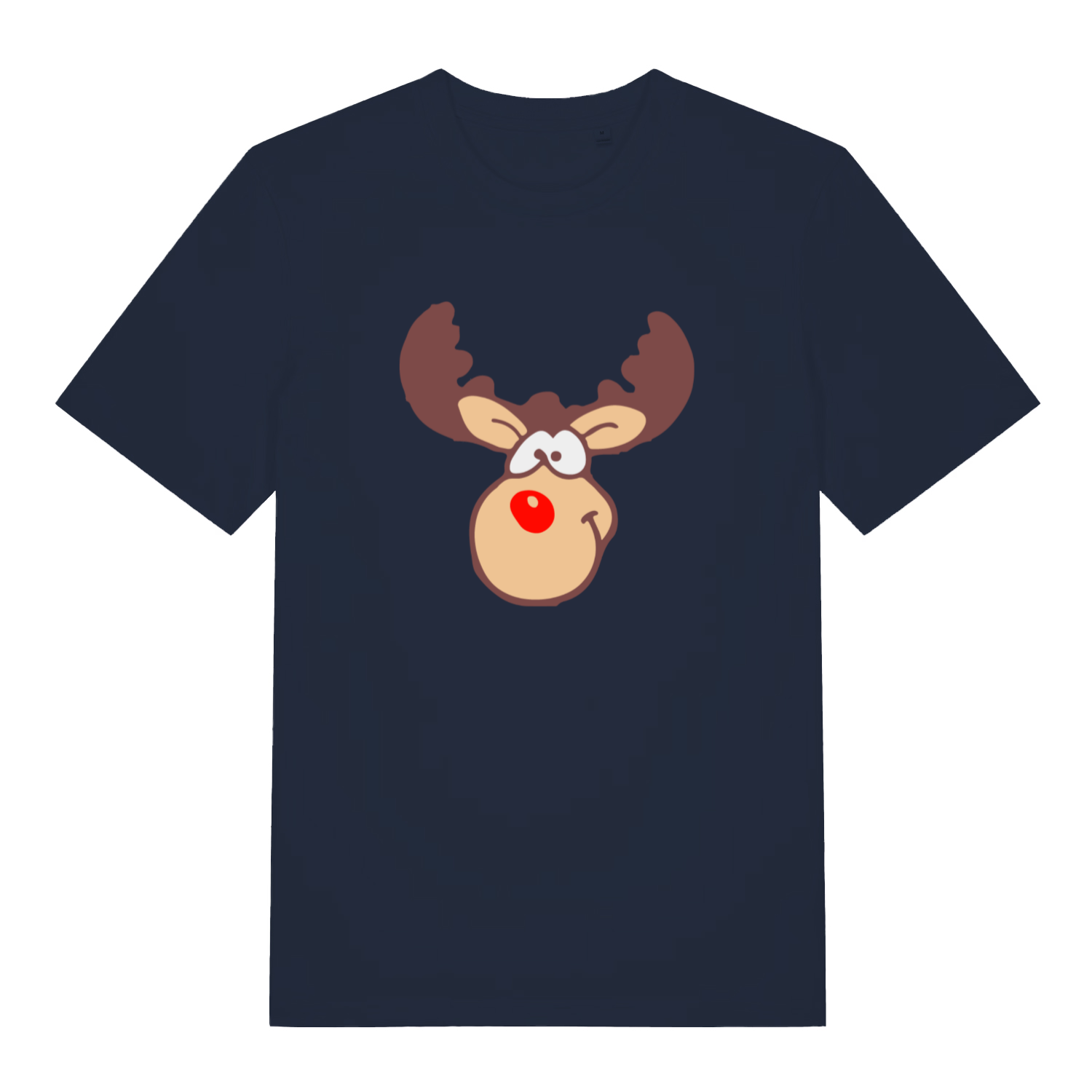 navy christmas t-shirt with a graphic of rudolph