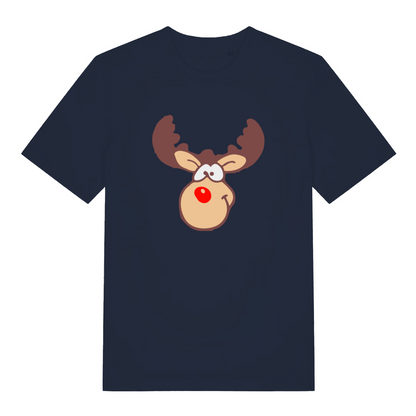 navy christmas t-shirt with a graphic of rudolph