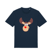 navy christmas t-shirt with the graphic of a red nosed reindeer