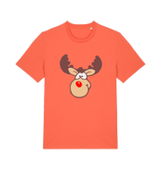 orange christmas t-shirt with the graphic of a red nosed reindeer