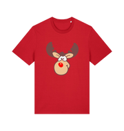 red christmas t-shirt with the graphic of a red nosed reindeer