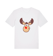 white christmas t-shirt with the graphic of a red nosed reindeer