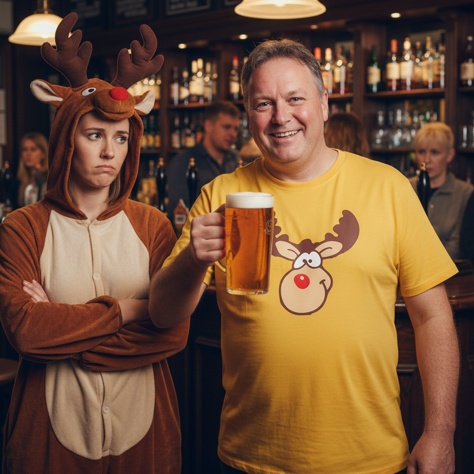 Person in reindeer costume and another in yellow shirt with reindeer design holding a beer in a bar setting.