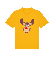 yellow christmas t-shirt with the graphic of a red nosed reindeer