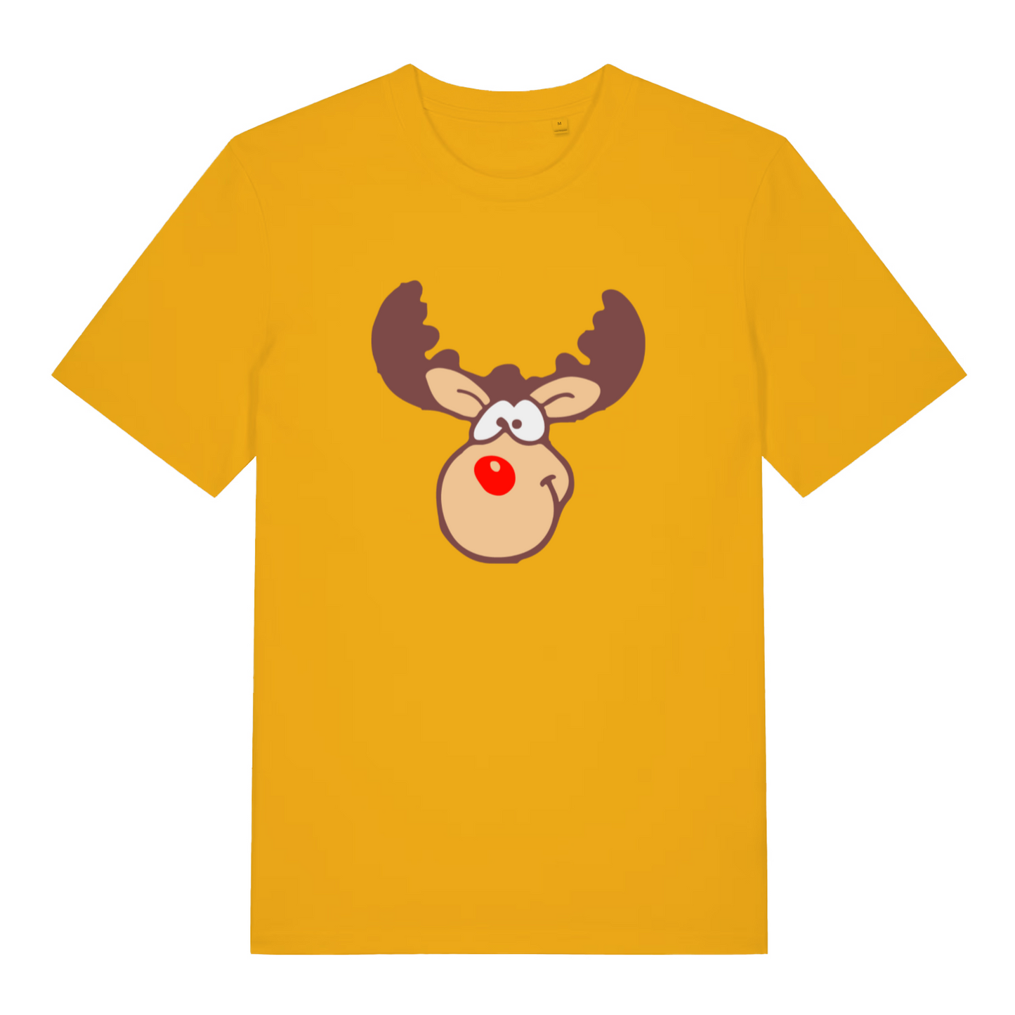 yellow christmas t-shirt with a graphic of rudolph