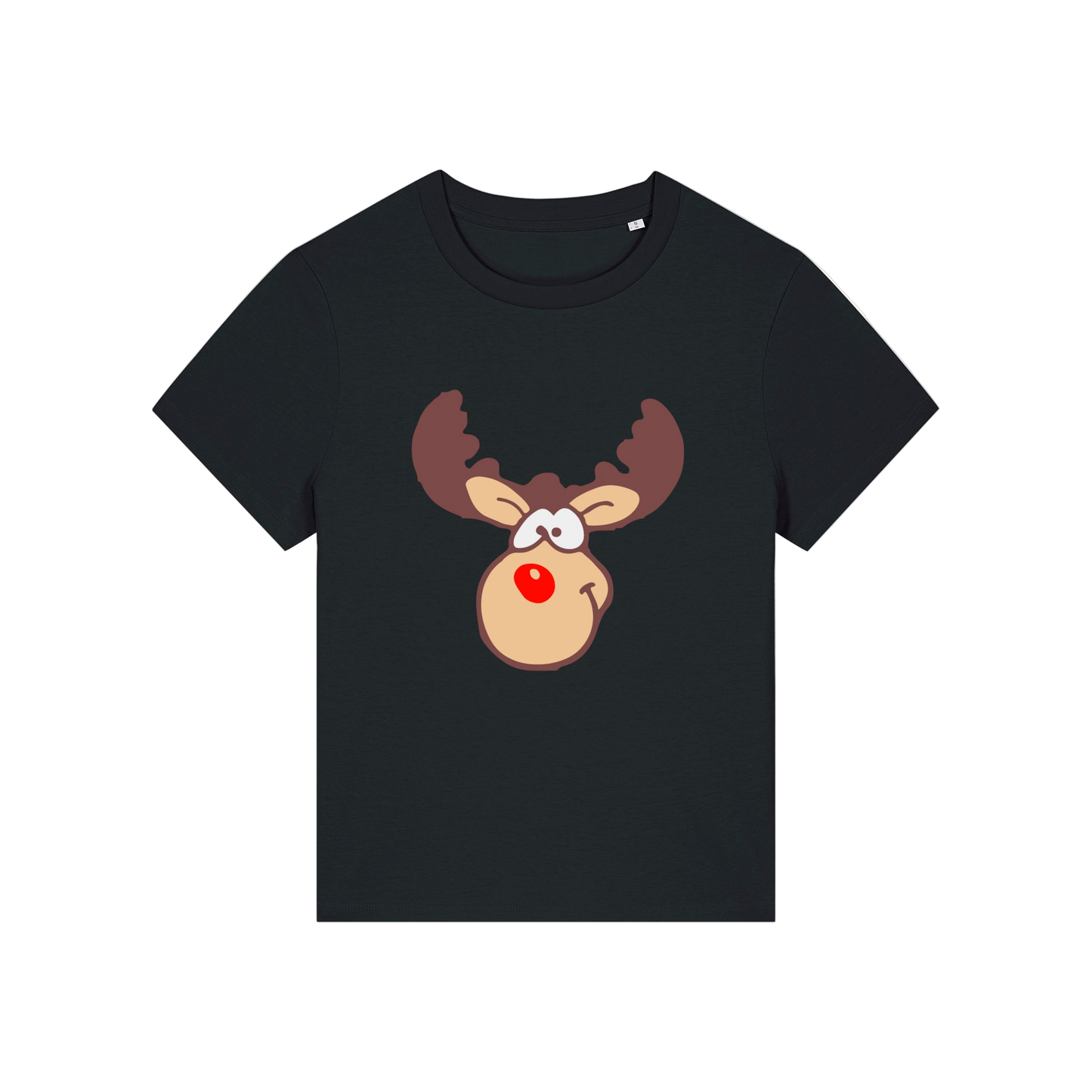 black christmas t-shirt with a graphic of rudolph
