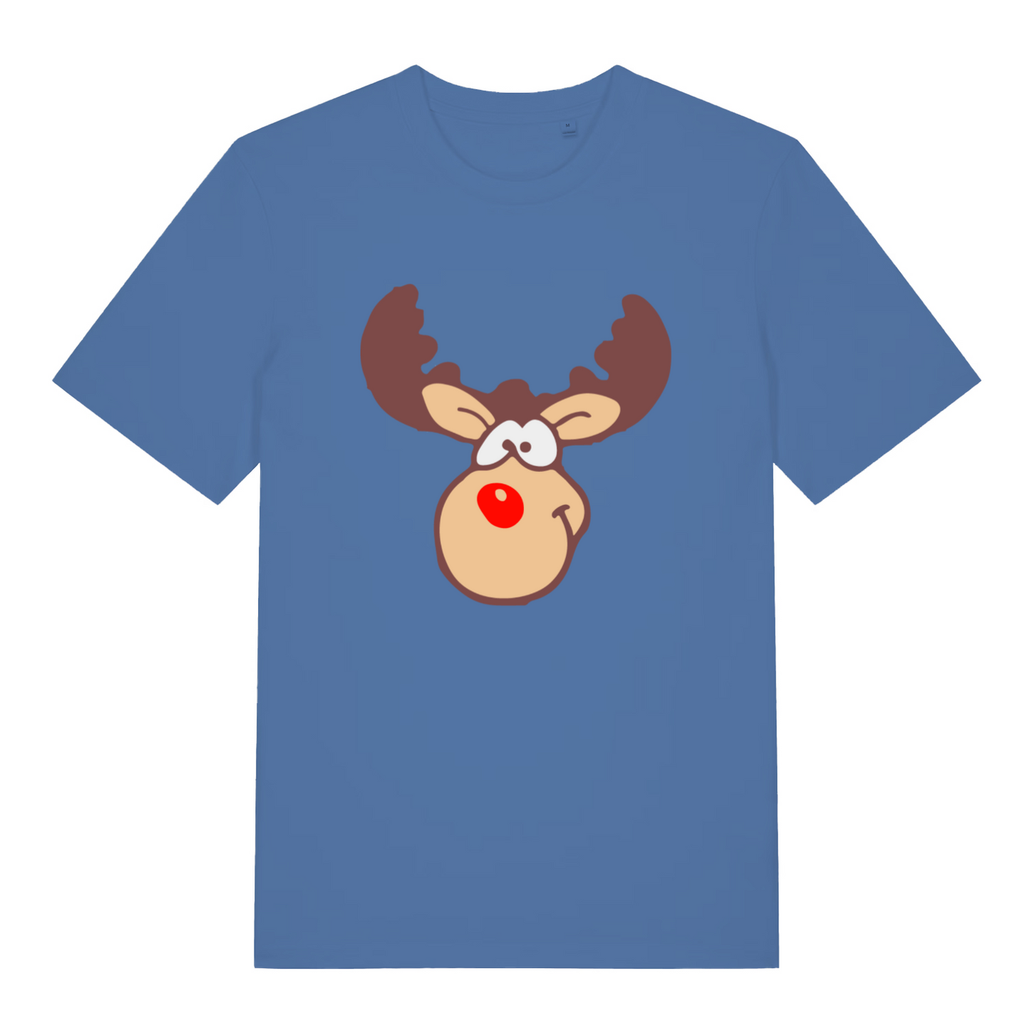 blue women's xmas tshirt with the graphic of rudolph