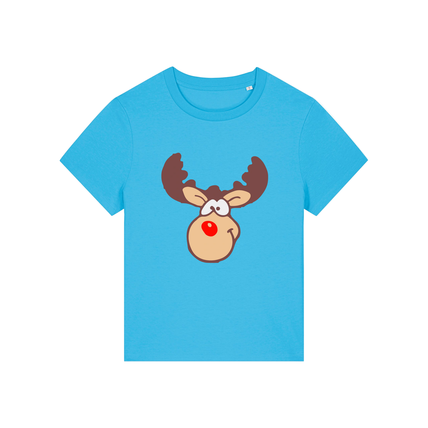 bright blue christmas t-shirt with a graphic of rudolph