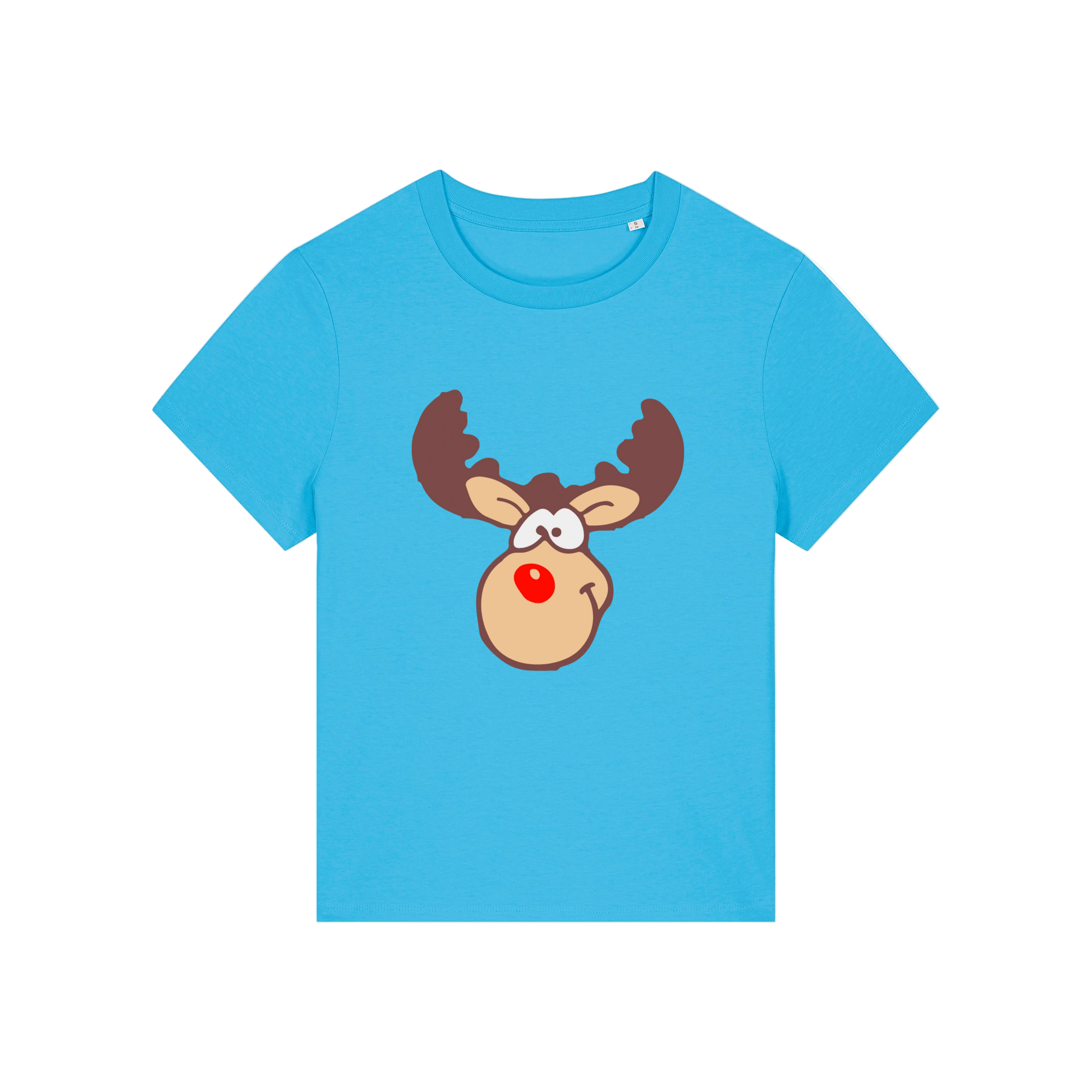 bright blue christmas t-shirt with a graphic of rudolph