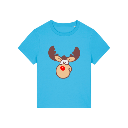 bright blue christmas t-shirt with a graphic of rudolph