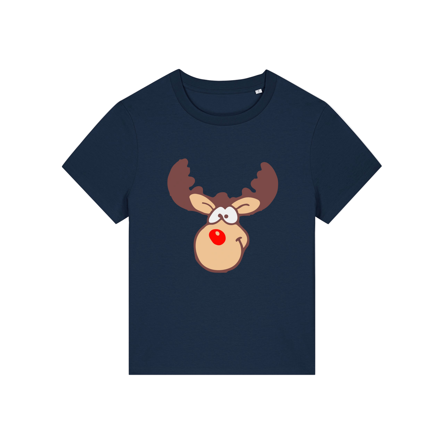 navy christmas t-shirt with a graphic of rudolph