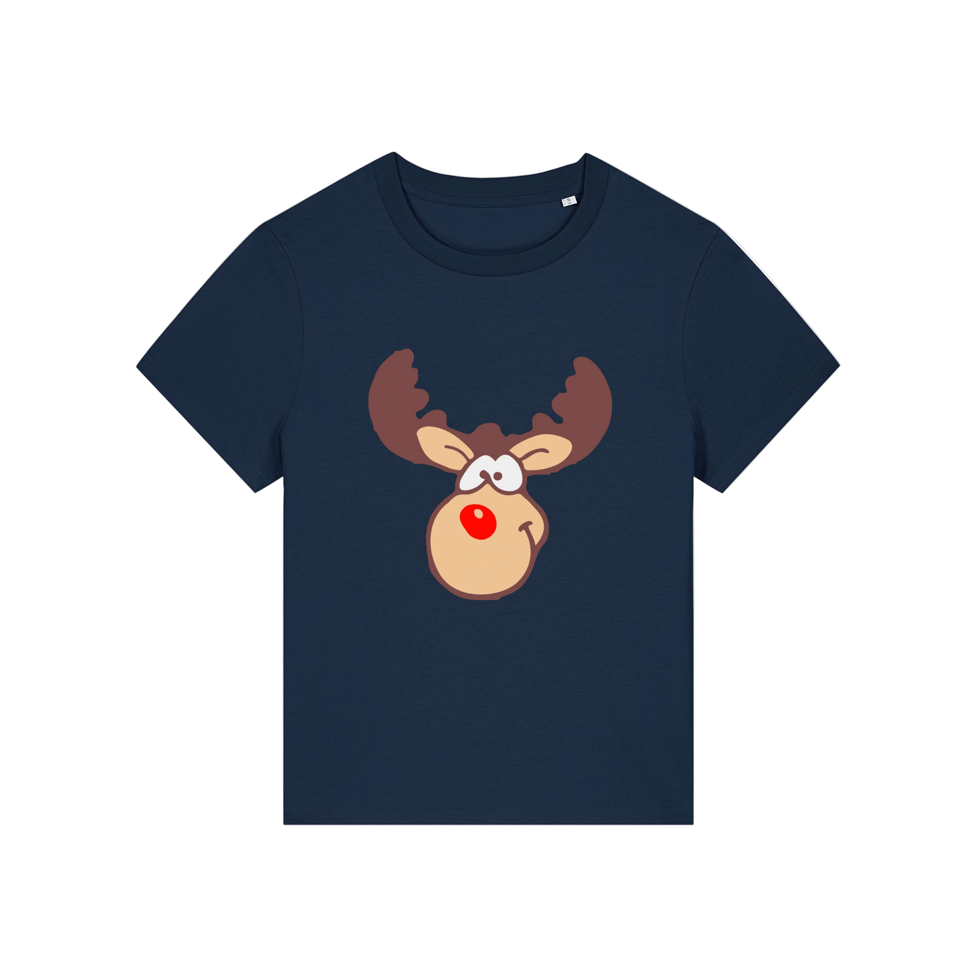 navy christmas t-shirt with a graphic of rudolph