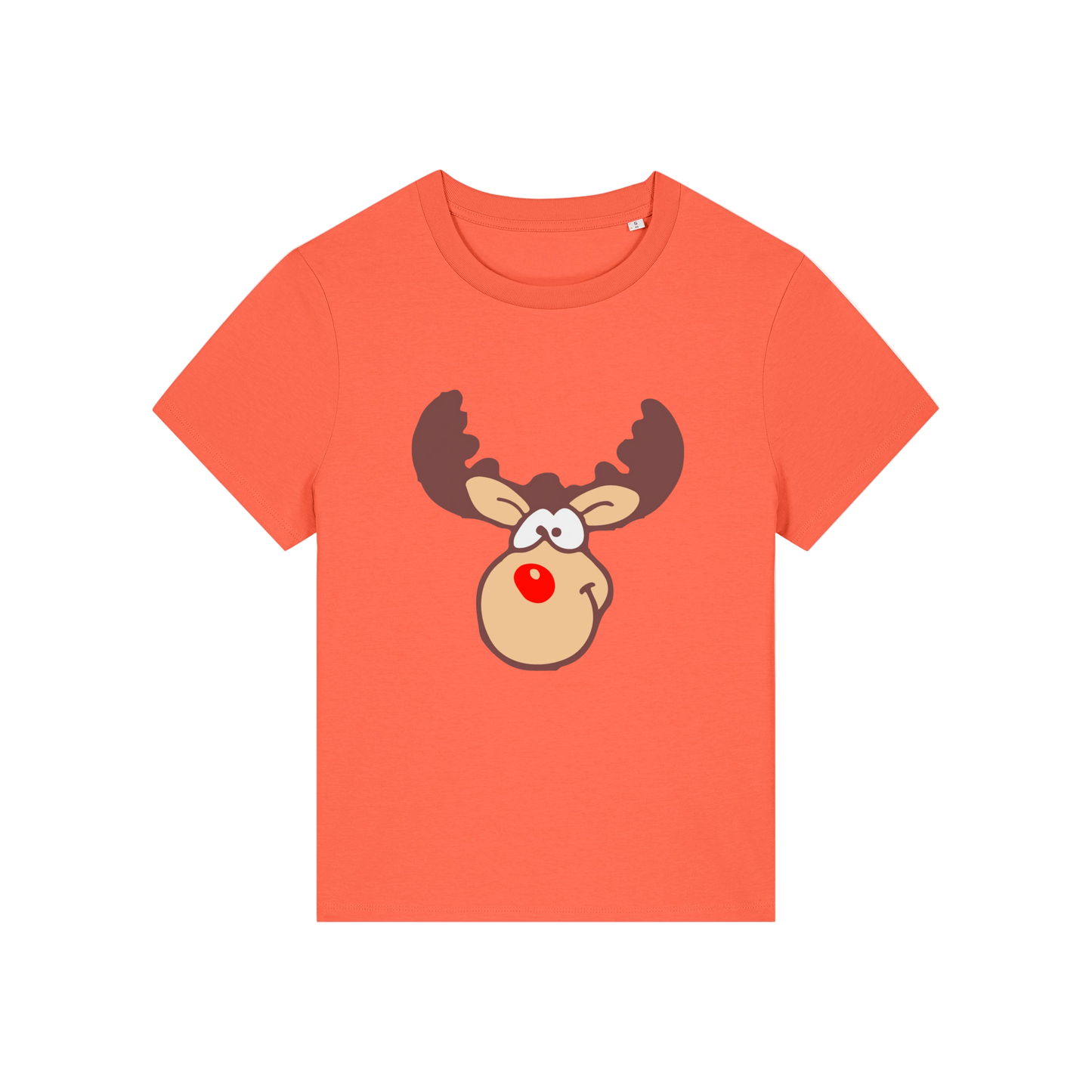 orange christmas t-shirt with a graphic of rudolph