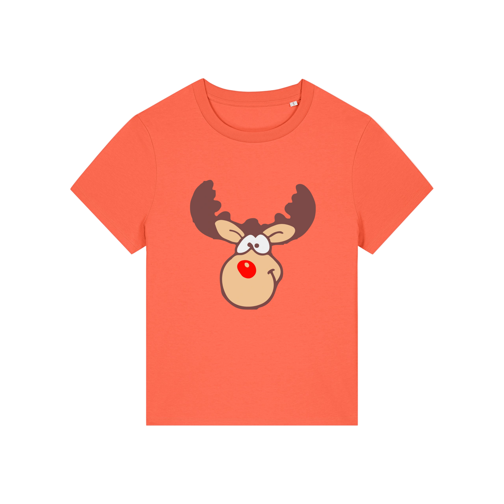 orange christmas t-shirt with a graphic of rudolph