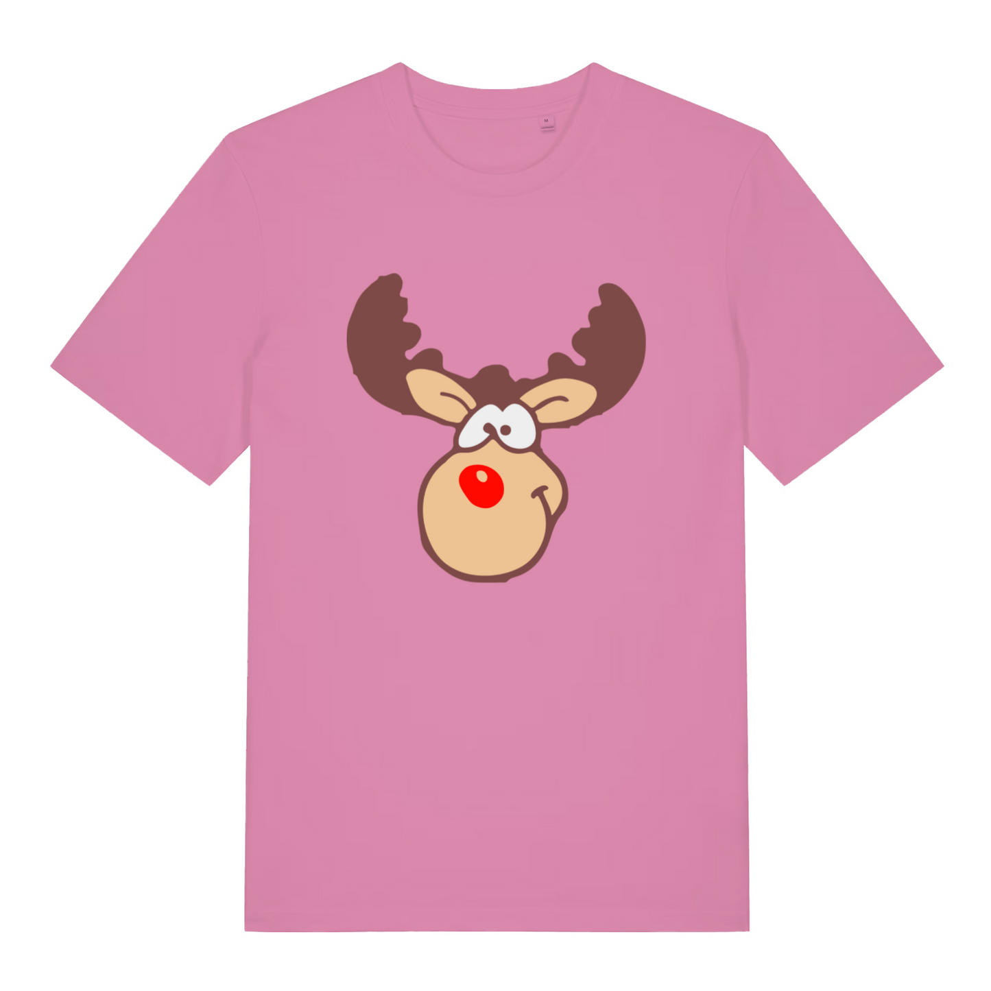 pink women's xmas tshirt with the graphic of rudolph