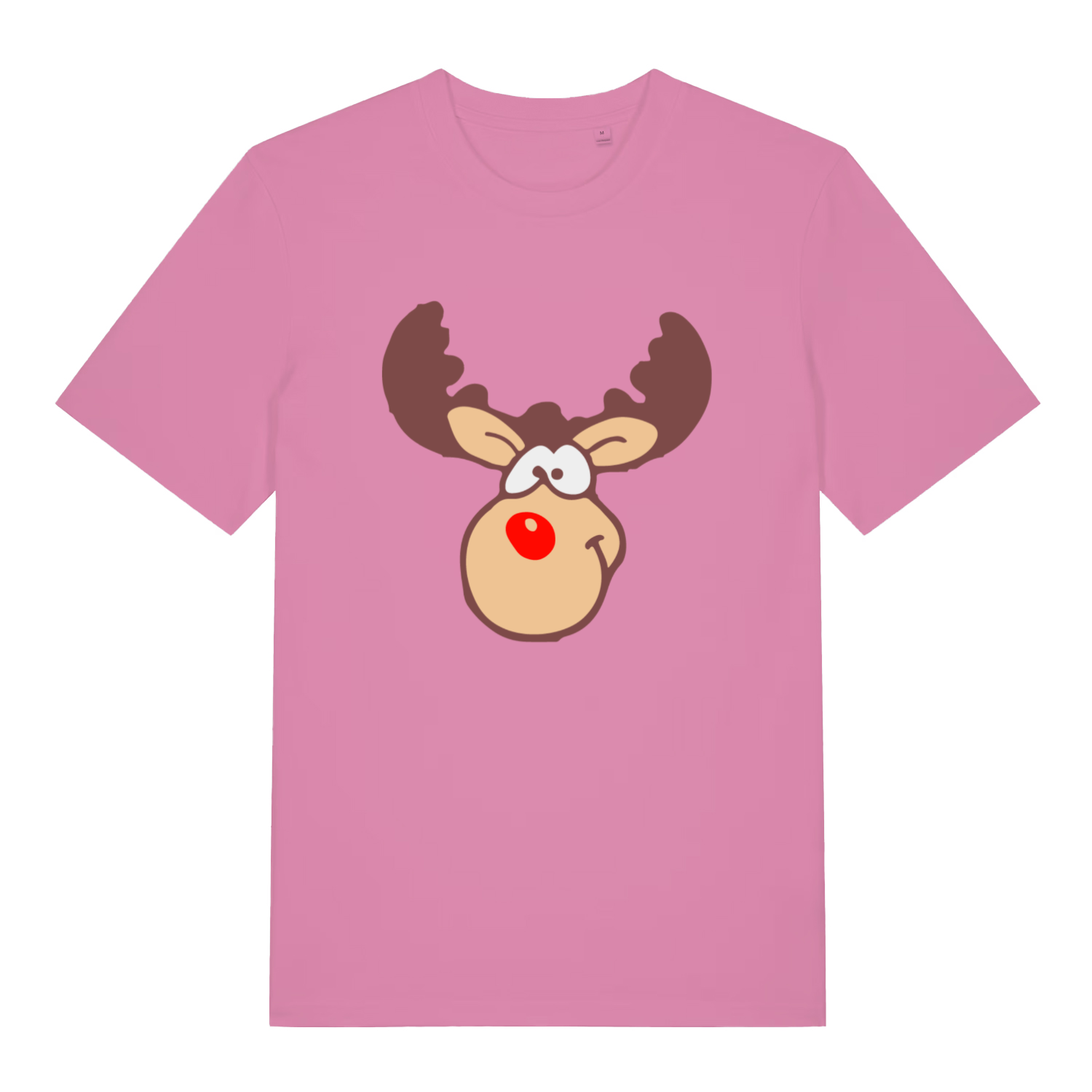 pink women's xmas tshirt with the graphic of rudolph