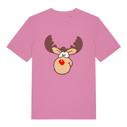 pink women's xmas tshirt with the graphic of rudolph