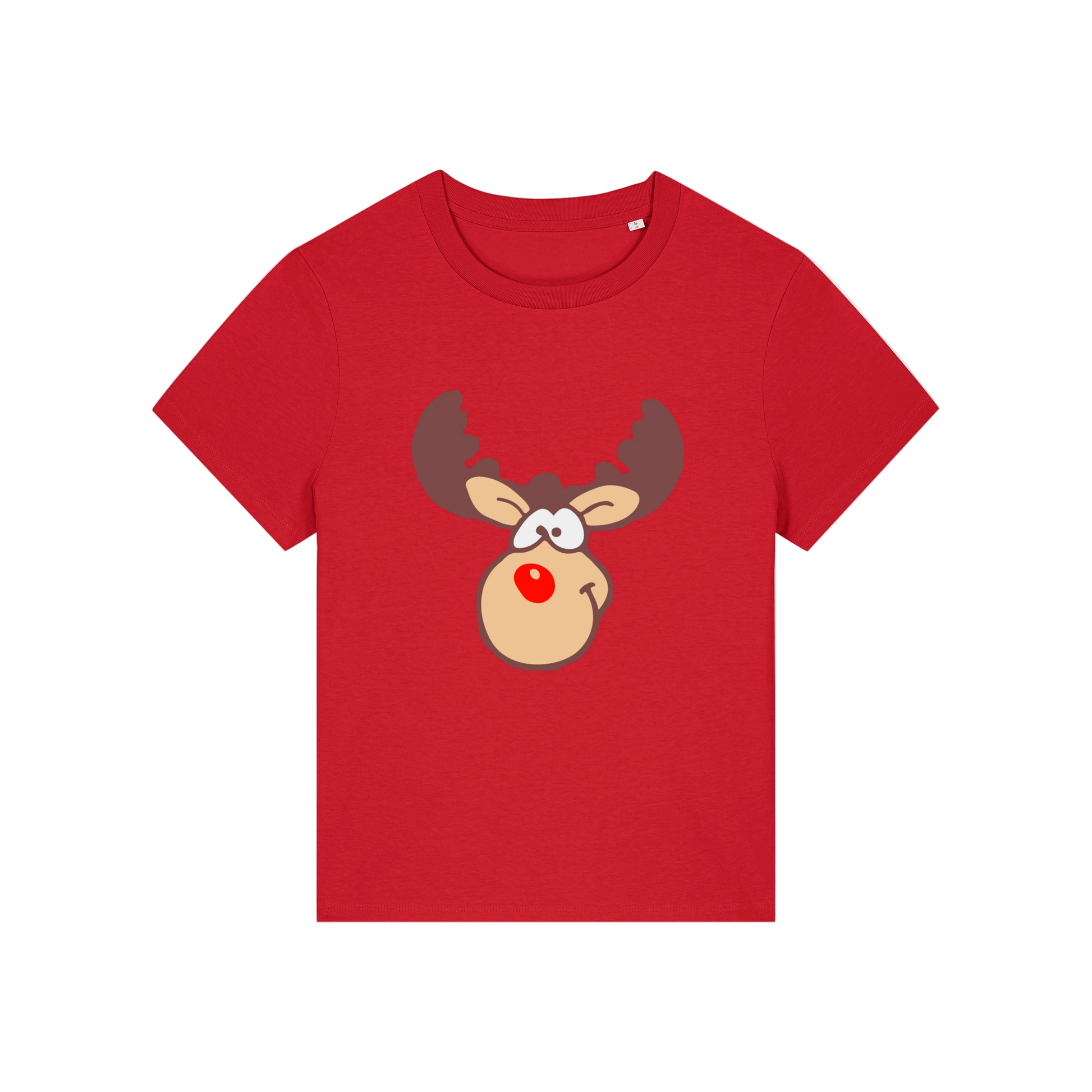 red christmas t-shirt with a graphic of rudolph