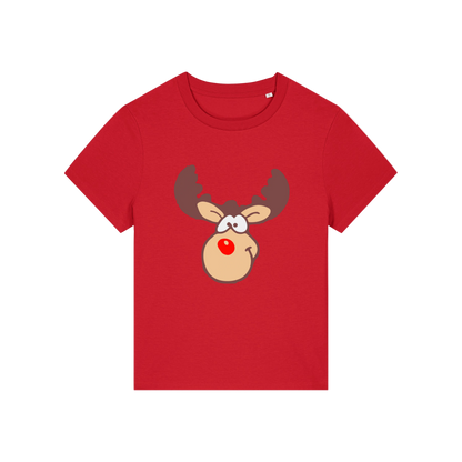 red christmas t-shirt with a graphic of rudolph