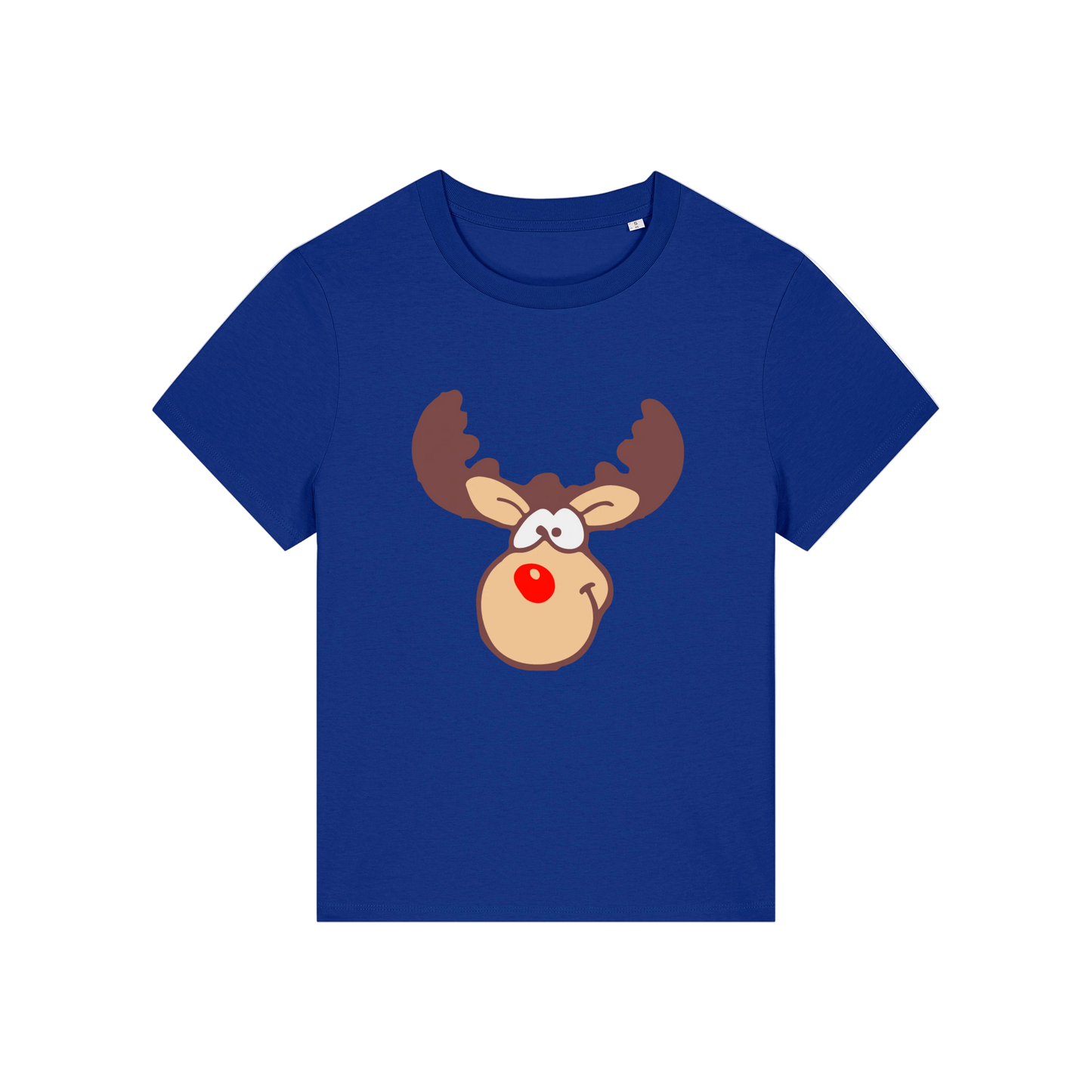 royal blue christmas t-shirt with a graphic of rudolph