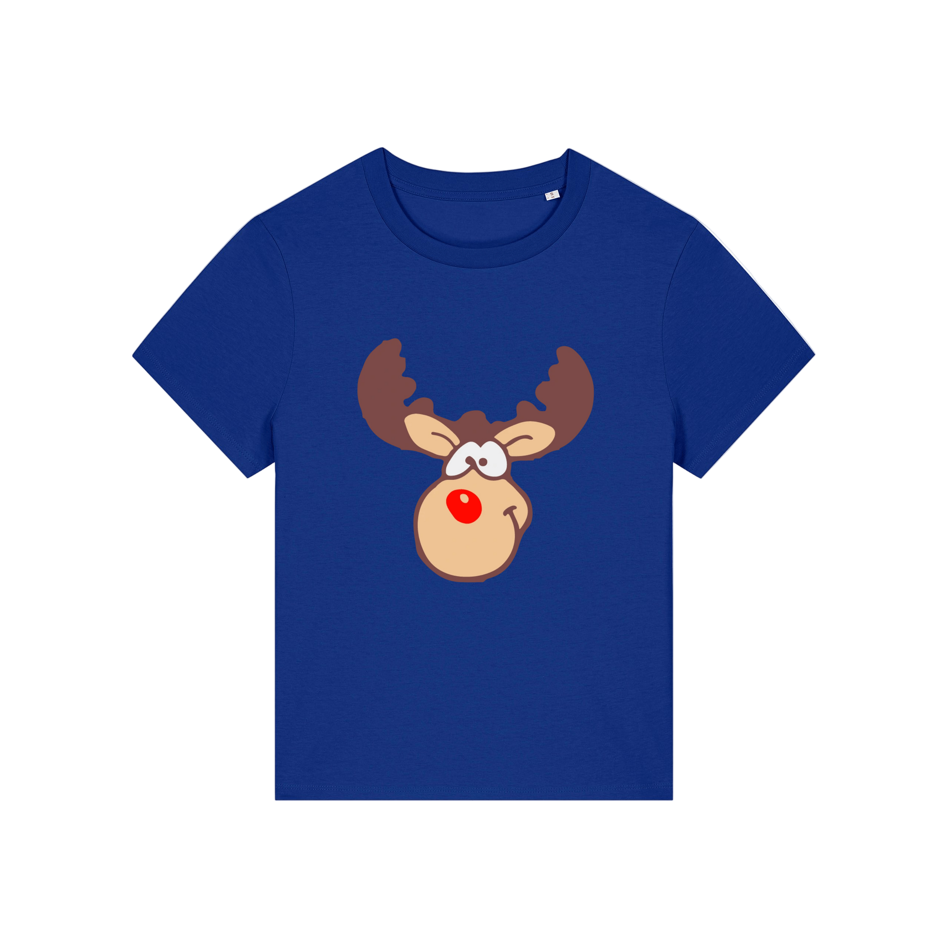 royal blue christmas t-shirt with a graphic of rudolph