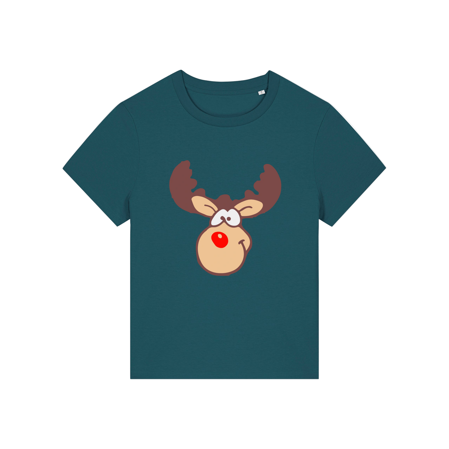 teal christmas t-shirt with a graphic of rudolph