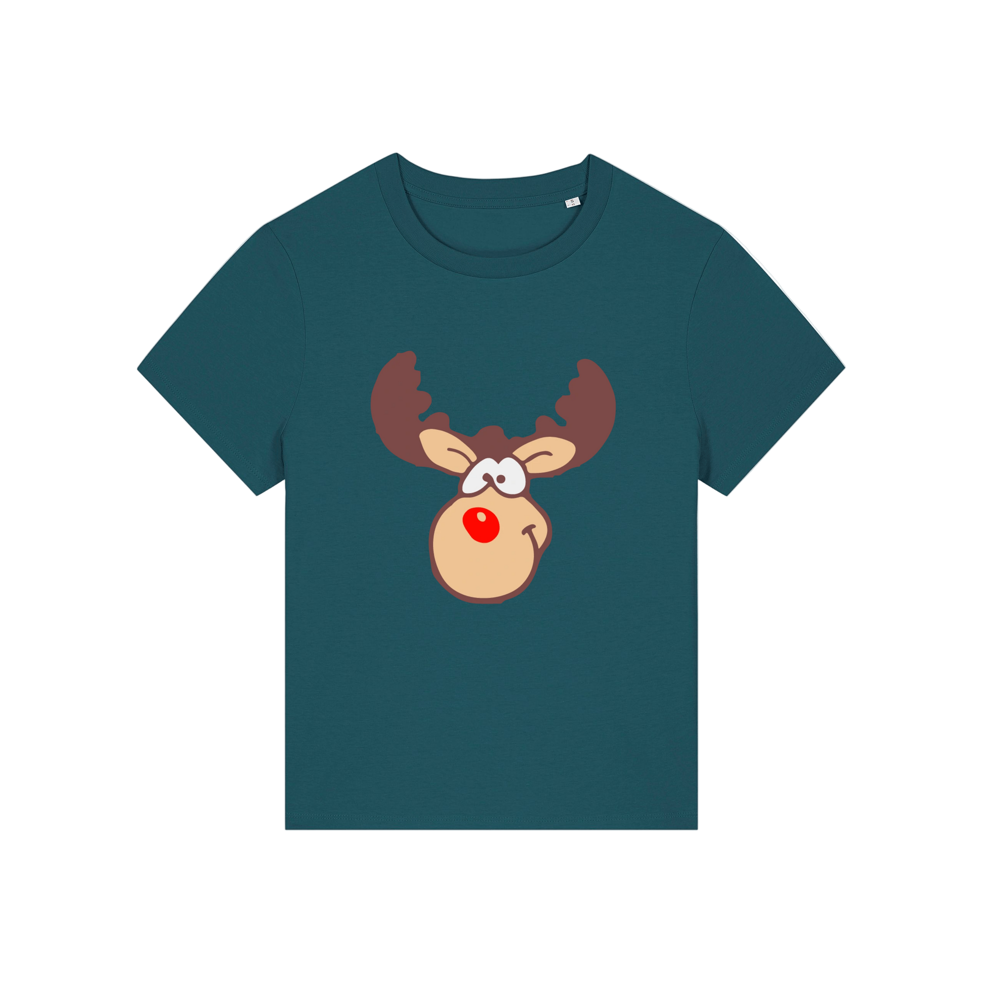 teal christmas t-shirt with a graphic of rudolph