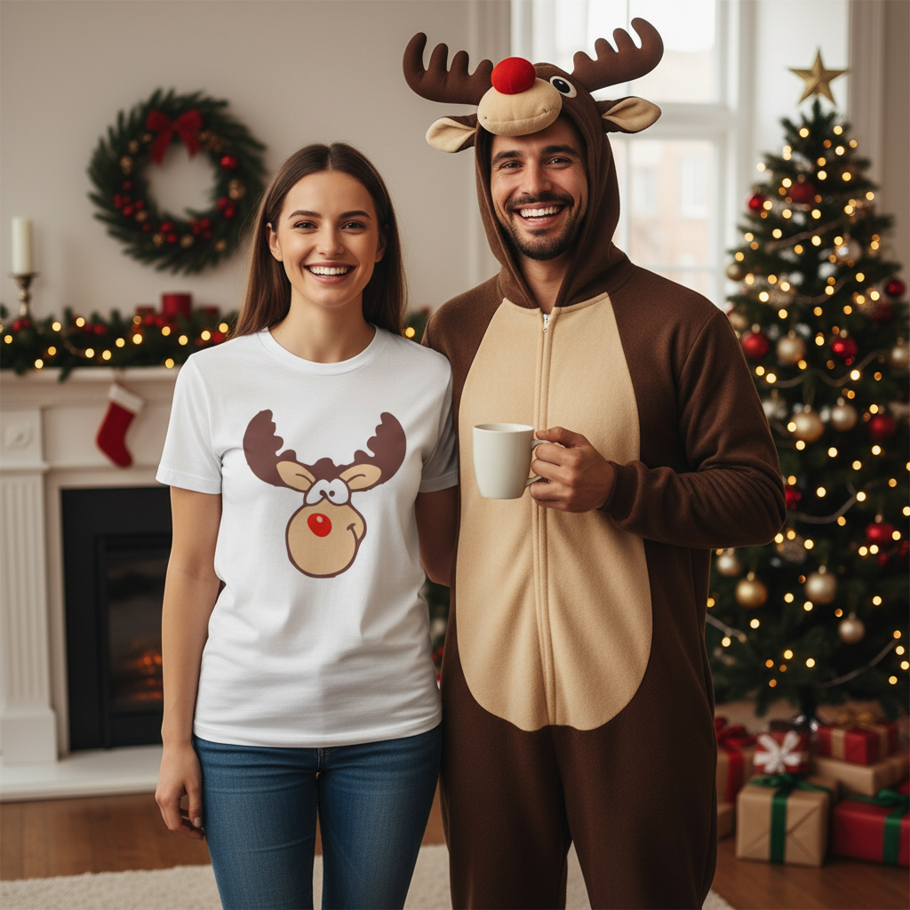 Man in reindeer onesie and woman in matching t-shirt in a festive room with Christmas tree and fireplace.