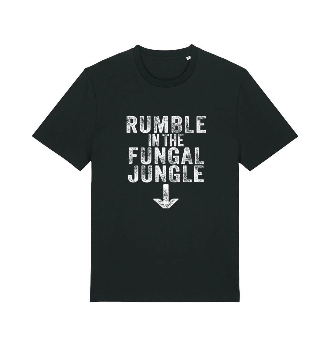 black funny offensive t-shirt with the slogan 'rumble in the fungal jungle'