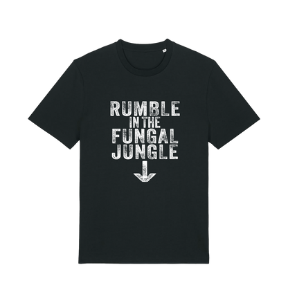 black funny offensive t-shirt with the slogan 'rumble in the fungal jungle'