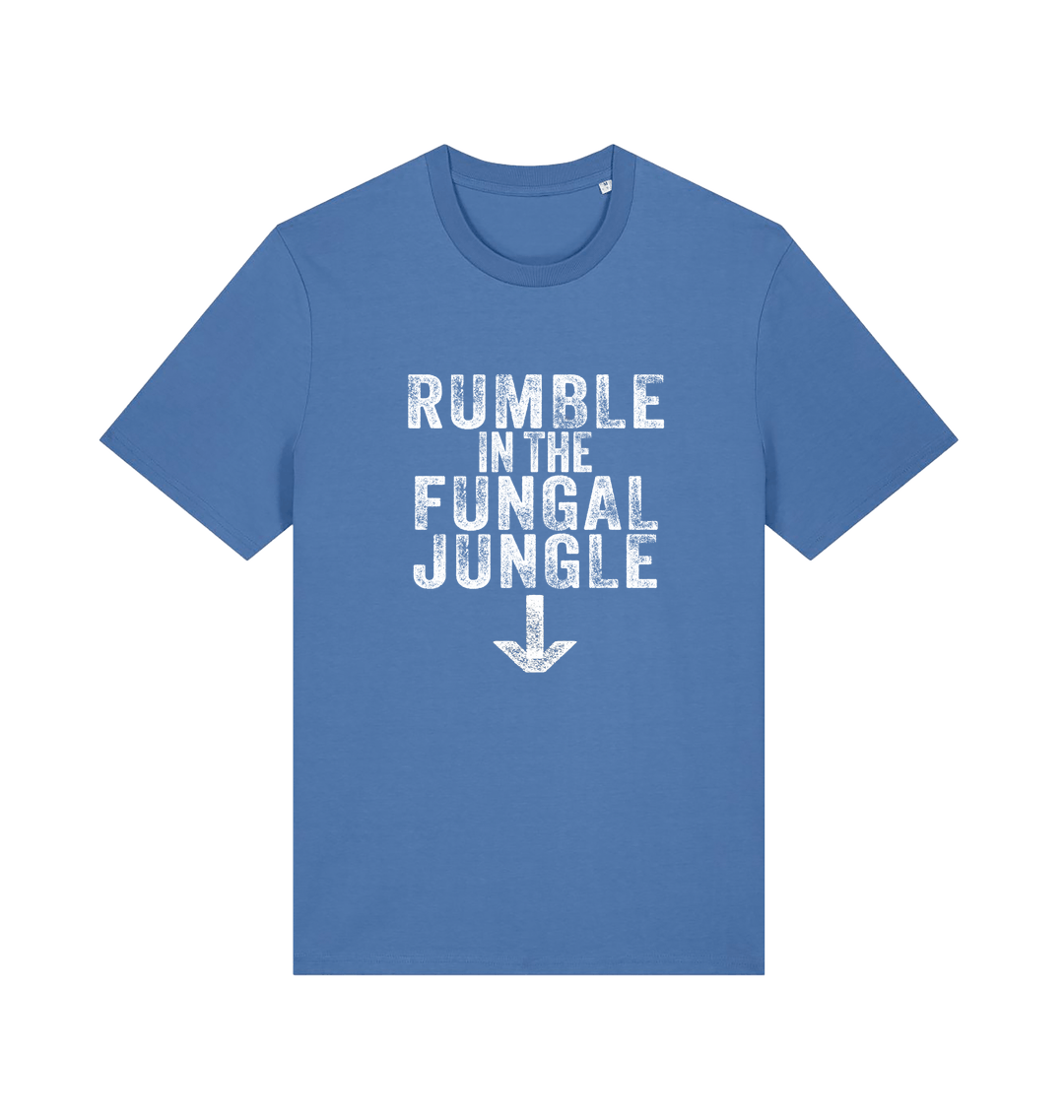 blue funny offensive t-shirt with the slogan 'rumble in the fungal jungle'