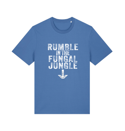 blue funny offensive t-shirt with the slogan 'rumble in the fungal jungle'