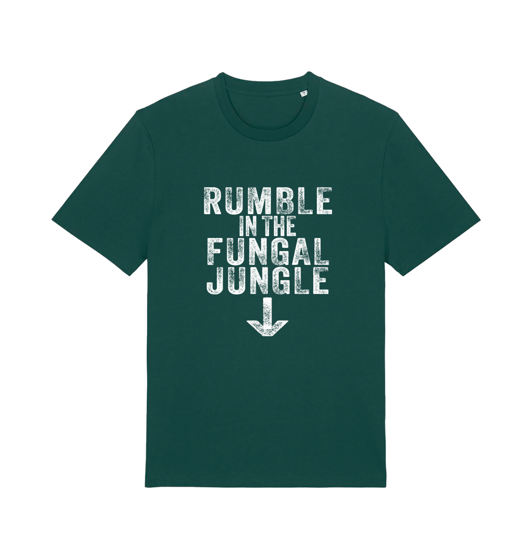 green funny offensive t-shirt with the slogan 'rumble in the fungal jungle'