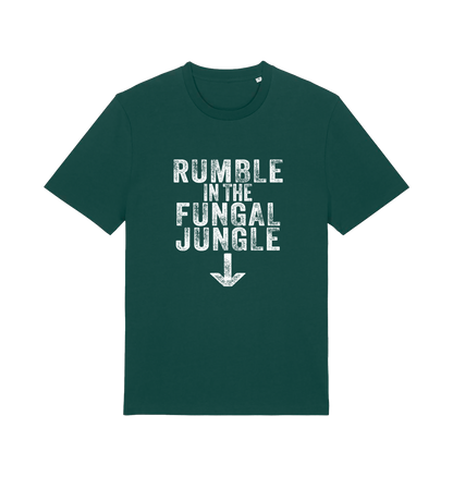 green funny offensive t-shirt with the slogan 'rumble in the fungal jungle'