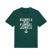 green funny offensive t-shirt with the slogan 'rumble in the fungal jungle'