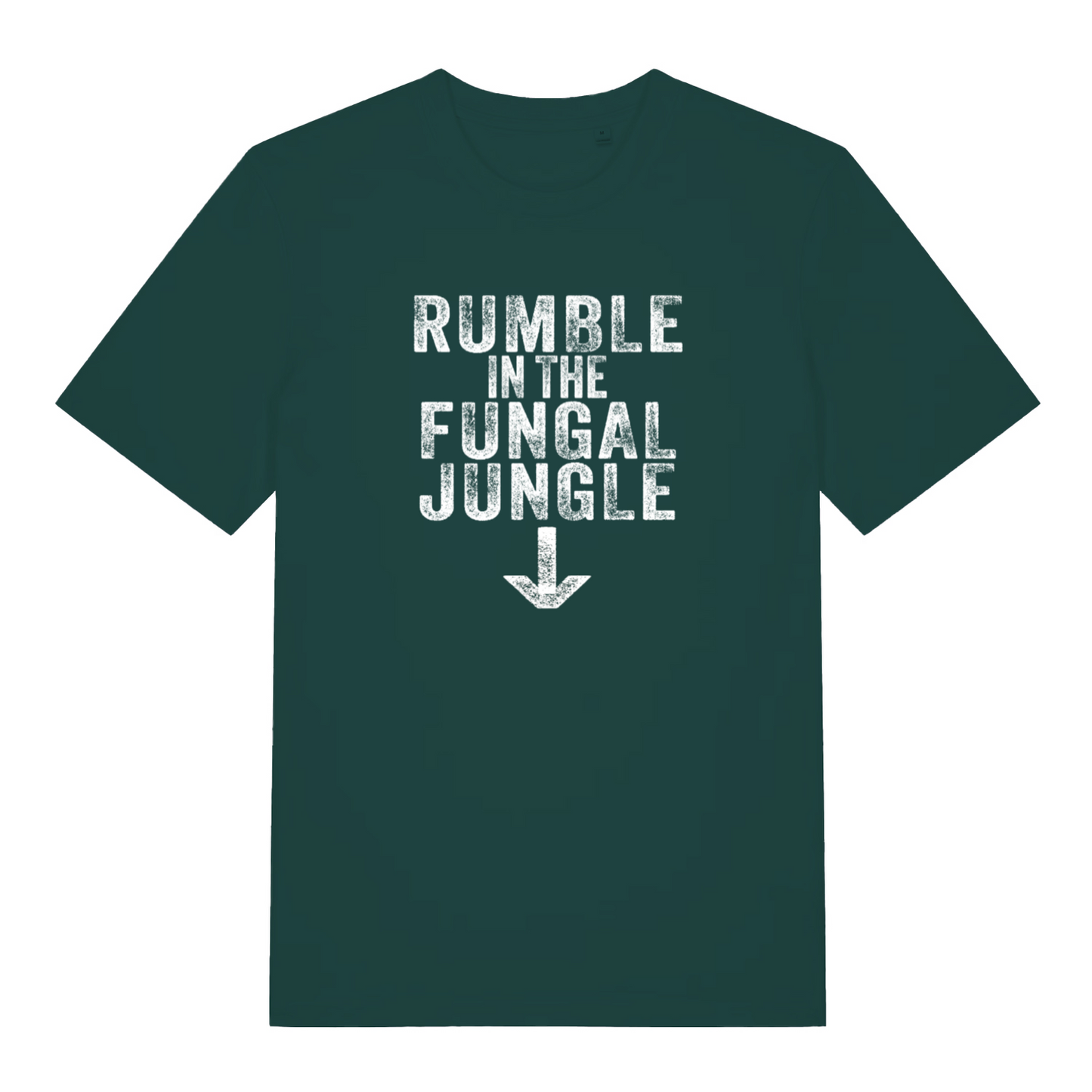 green funny offensive t-shirt with the slogan 'rumble in the fungal jungle'