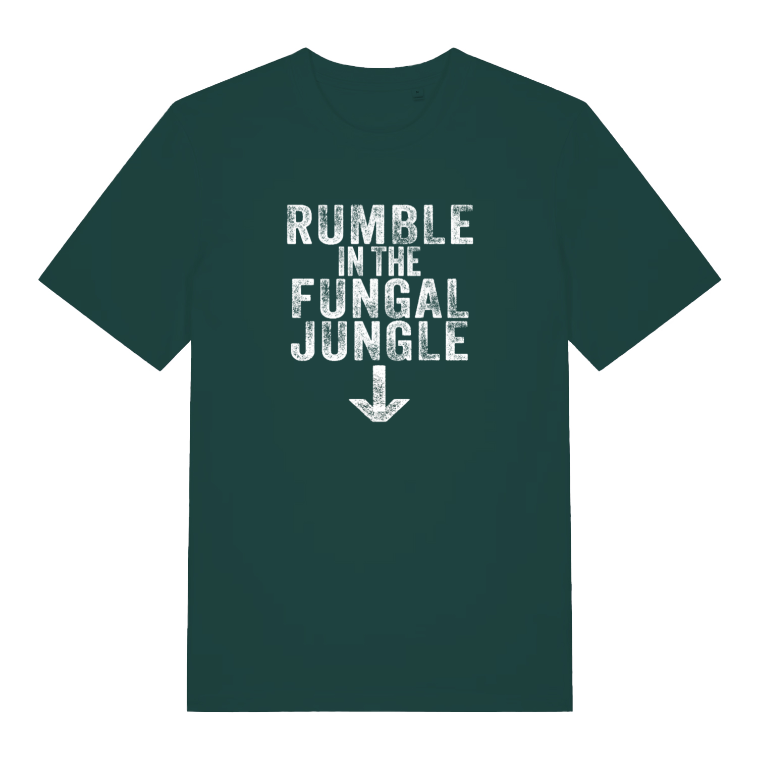 green funny offensive t-shirt with the slogan 'rumble in the fungal jungle'