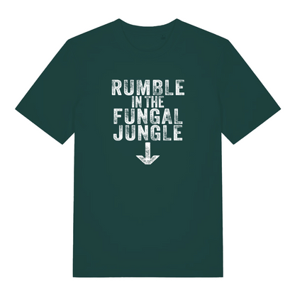 green funny offensive t-shirt with the slogan 'rumble in the fungal jungle'