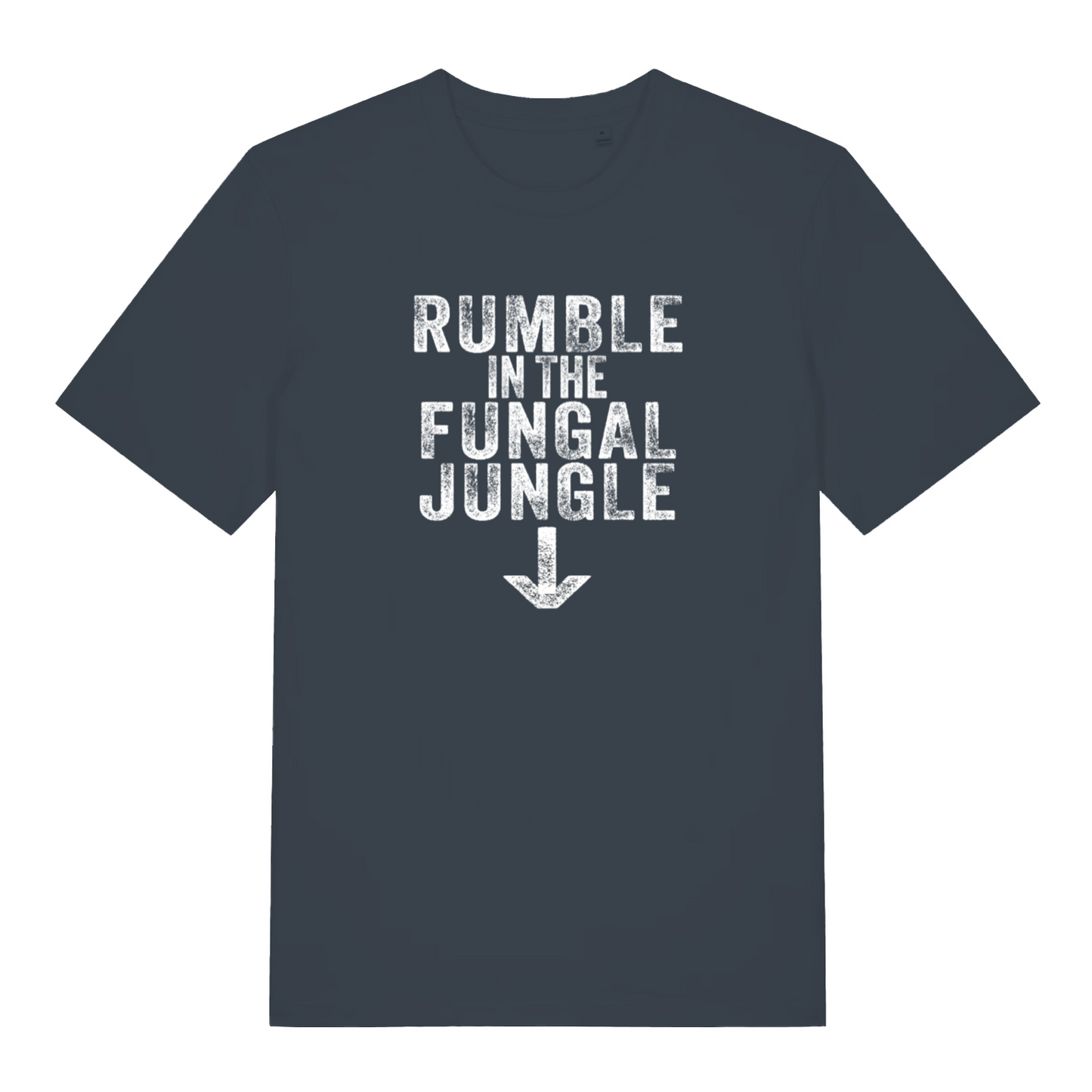 ink grey funny offensive t-shirt with the slogan 'rumble in the fungal jungle'