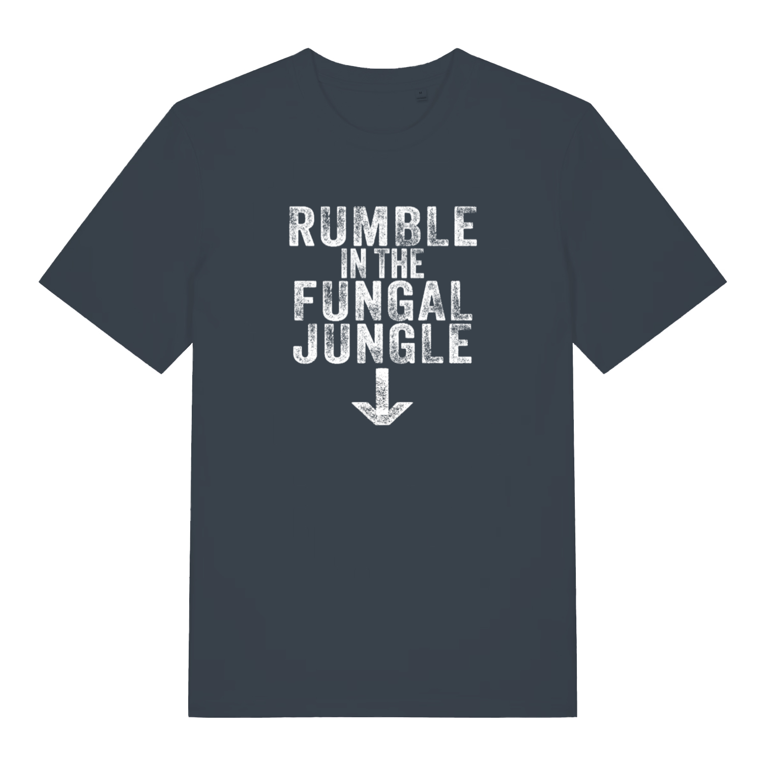 ink grey funny offensive t-shirt with the slogan 'rumble in the fungal jungle'