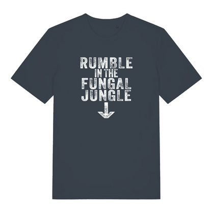 ink grey funny offensive t-shirt with the slogan 'rumble in the fungal jungle'