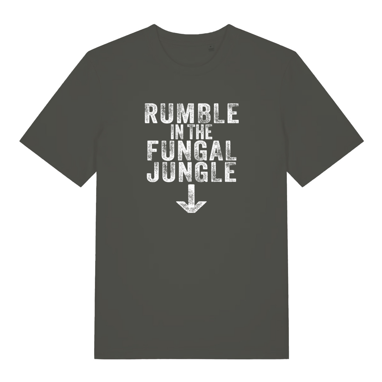 khaki funny offensive t-shirt with the slogan 'rumble in the fungal jungle'
