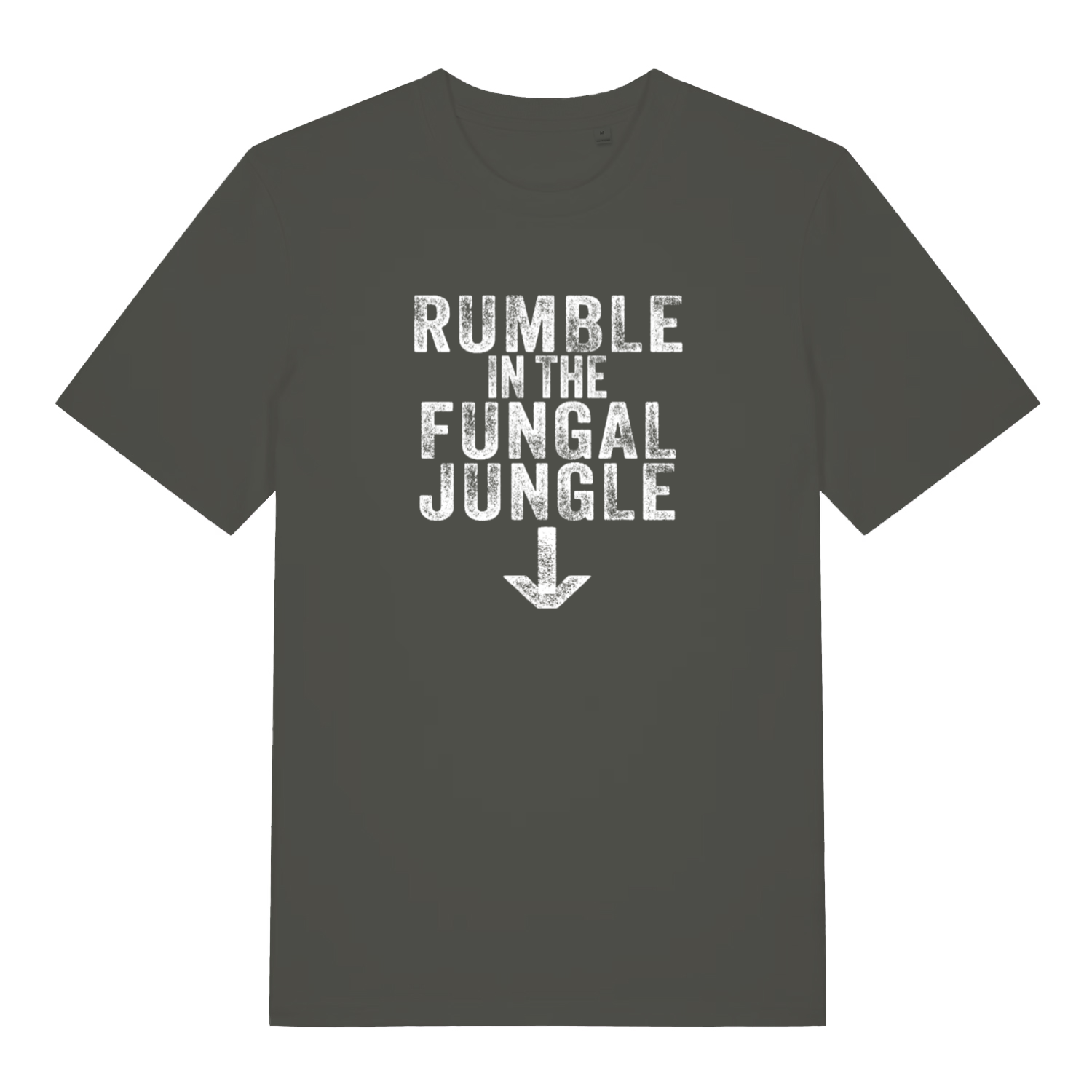 khaki funny offensive t-shirt with the slogan 'rumble in the fungal jungle'