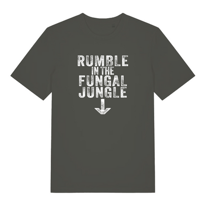 khaki funny offensive t-shirt with the slogan 'rumble in the fungal jungle'