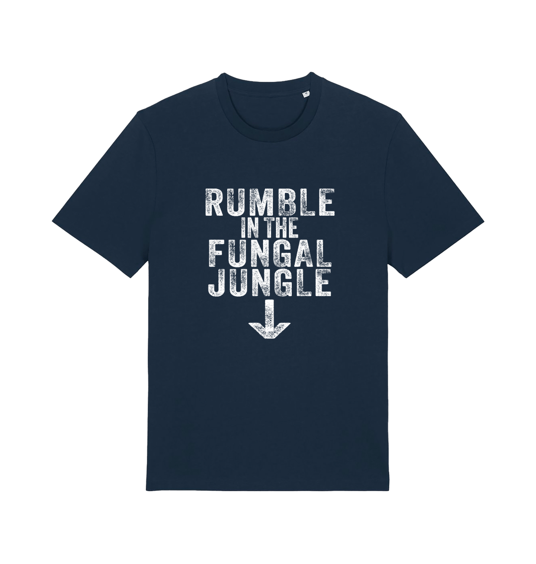 navy funny offensive t-shirt with the slogan 'rumble in the fungal jungle'