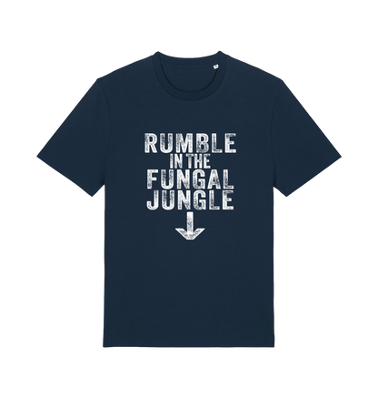 navy funny offensive t-shirt with the slogan 'rumble in the fungal jungle'