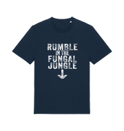 navy funny offensive t-shirt with the slogan 'rumble in the fungal jungle'