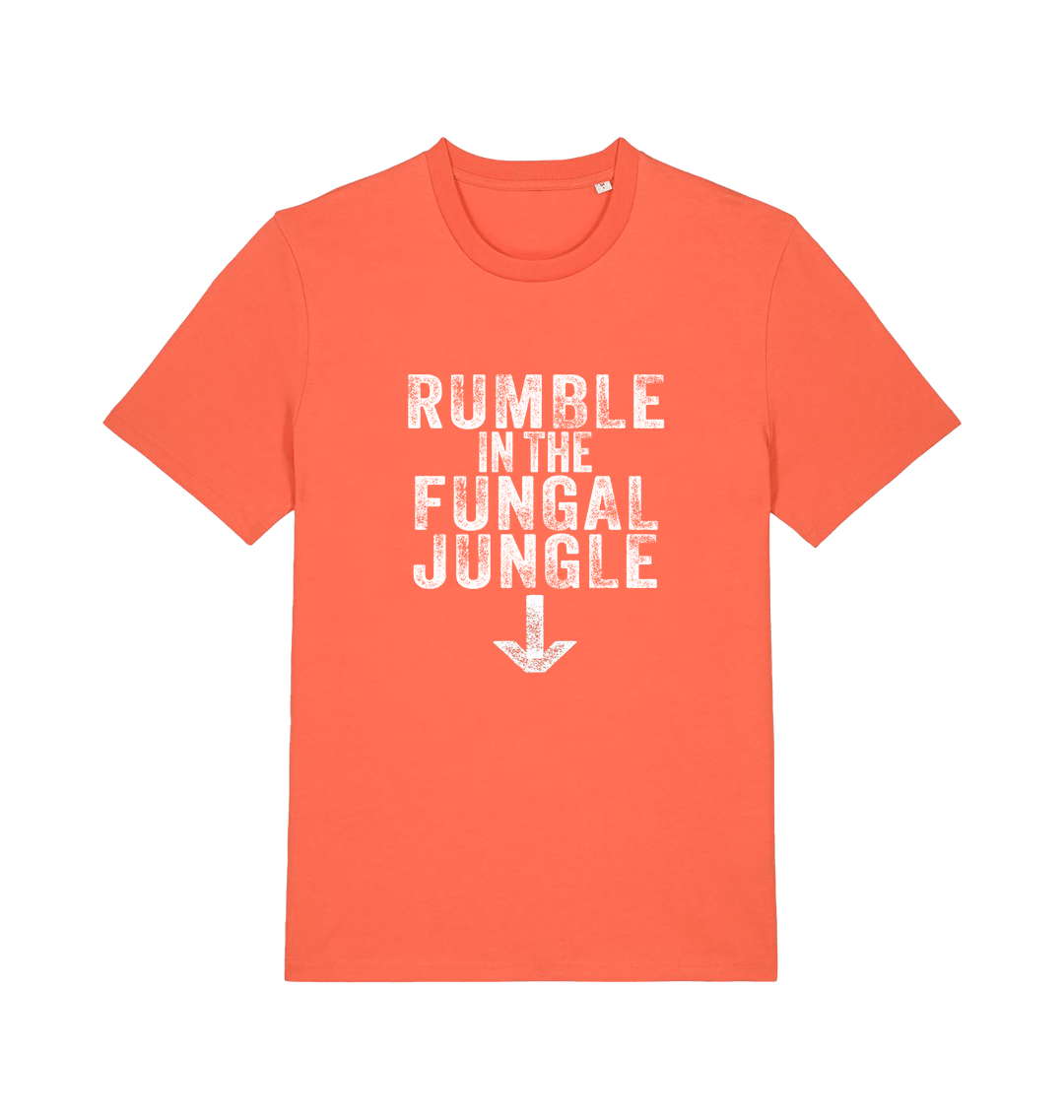 orange funny offensive t-shirt with the slogan 'rumble in the fungal jungle'