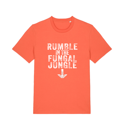 orange funny offensive t-shirt with the slogan 'rumble in the fungal jungle'